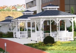 Casa Padrino Pavillon mit Sitzbänken Weiß / Blau 400 x 400 x H. 400 cm - Garten & Park Möbel