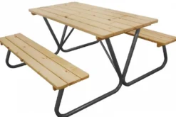Casa Padrino Picknicktisch mit integrierten Sitzbänken Naturfarben / Grau 180 cm - Picknick Möbel