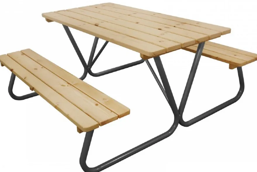 Casa Padrino Picknicktisch mit integrierten Sitzbänken Naturfarben / Grau 180 cm - Picknick Möbel