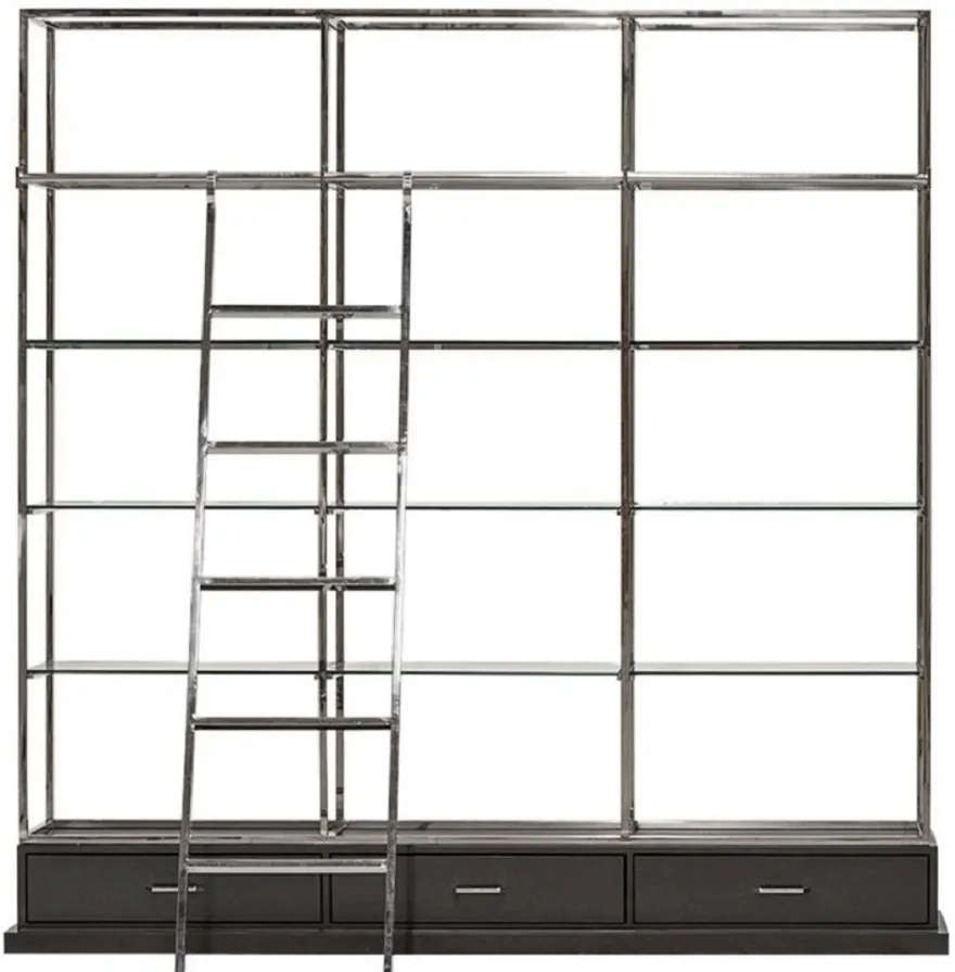 Casa Padrino Regalschrank mit Leiter Silber / Schwarz 220 x 45 x H. 240 cm - Bücherschrank - Wohnzimmer Schrank - Büro Schrank - Wohnzimmer Möbel - Büro Möbel - Luxus Möbel