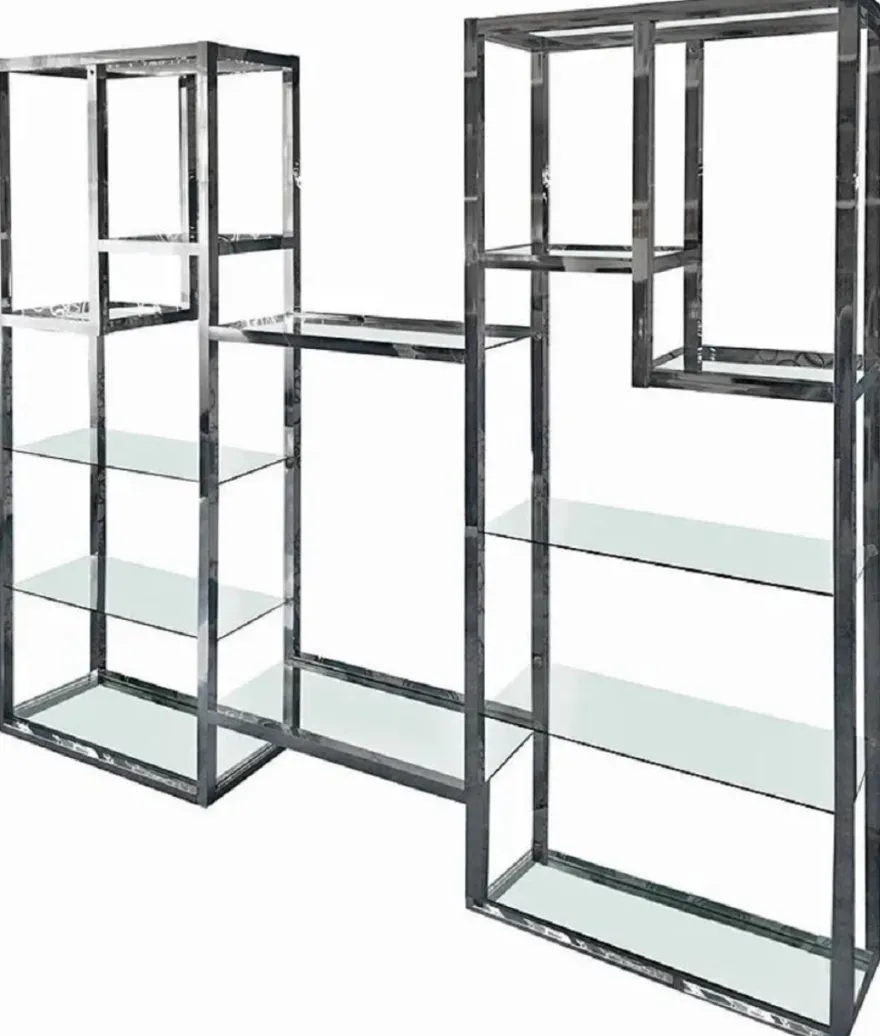 Casa Padrino Regalschrank mit Glasregalen Silber 220 x 40 x H. 220 cm - Bücherschrank - Wohnzimmer Schrank - Büro Schrank - Wohnzimmer Möbel - Büro Möbel - Luxus Möbel