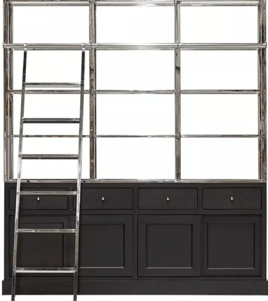 Casa Padrino Regalschrank mit Leiter Schwarz / Silber 219 x 43 x H. 240 cm - Bücherschrank - Wohnzimmer Schrank - Büro Schrank - Wohnzimmer Möbel - Büro Möbel - Luxus Möbel