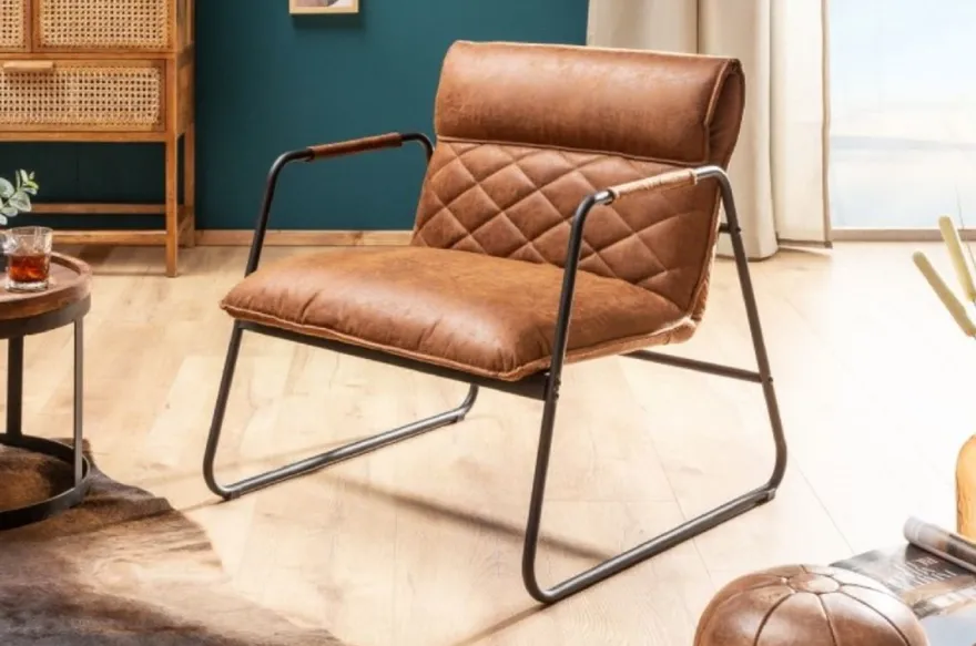 Casa Padrino Retro Lounge Sessel Vintage Hellbraun / Schwarz 71 x 72 x H. 79 cm - Kunstleder Sessel mit Metallgestell - Wohnzimmer Möbel
