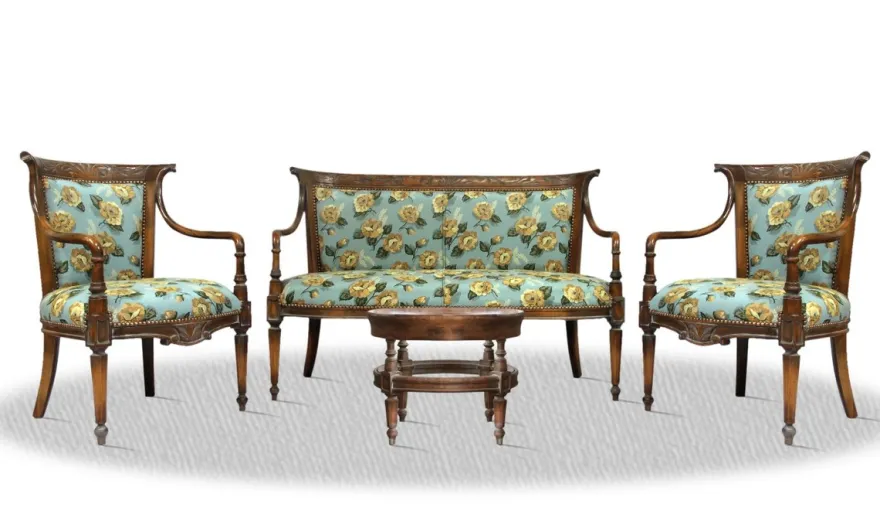Casa Padrino Salon Set antik braun blau mit Blumenmuster - Luxus Kollektion