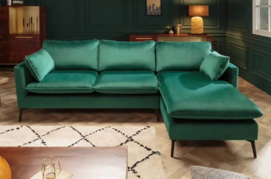 Casa Padrino Samt Ecksofa Smaragdgrün / Schwarz 260 x 160 x H. 93 cm - Wohnzimmer Sofa mit Kissen im Retro Style - Wohnzimmer Möbel
