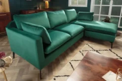 Casa Padrino Samt Ecksofa Smaragdgrün / Schwarz 260 x 160 x H. 93 cm - Wohnzimmer Sofa mit Kissen im Retro Style - Wohnzimmer Möbel