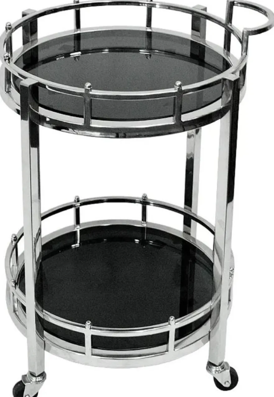 Casa Padrino Servierwagen Silber / Schwarz Ø 50 x H. 78 cm - Runder Metall Trolley mit Glasplatten - Hotel Restaurant Gastronomie Trolley - Hotel & Restaurant Accessoires