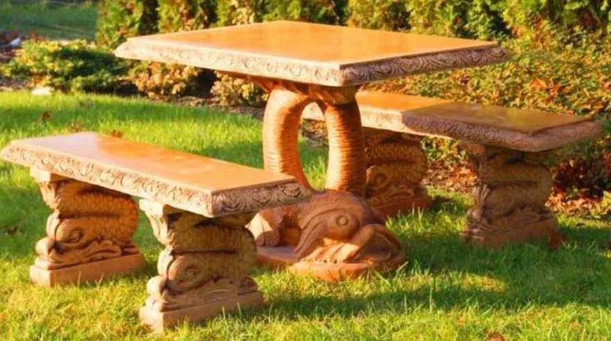 Casa Padrino Stein Gartenmöbel Set Fisch Beige - 1 Orientalischer Gartentisch & 2 Orientalische Gartenbänke - Orientalische Garten & Terrassen Möbel