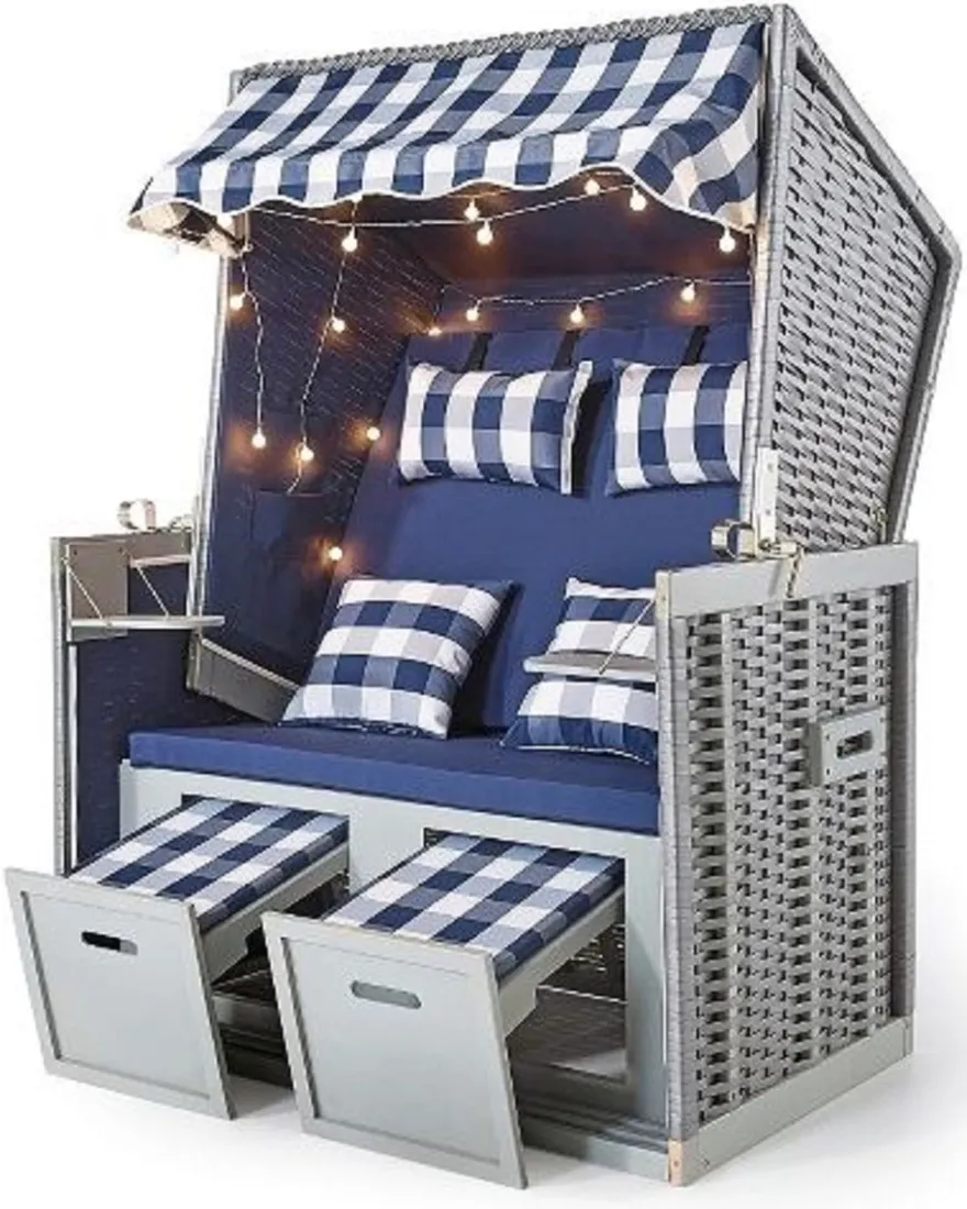 Casa Padrino Strandkorb Grau / Blau / Weiß 116 x 76 x H. 160 cm - Holz Strandkorb mit Dach und LED Beleuchtung - Garten Möbel - Pool Möbel - Outdoor Möbel
