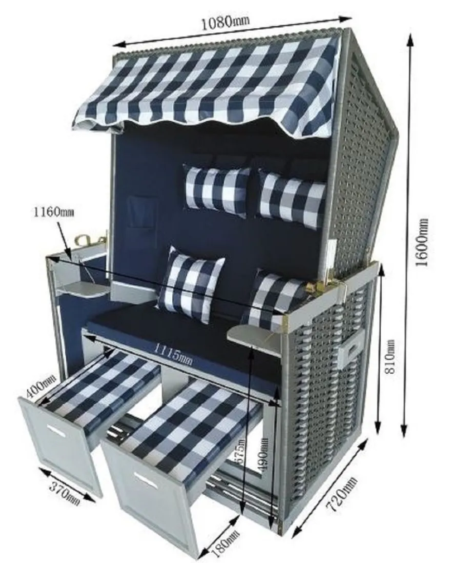 Casa Padrino Strandkorb Grau / Blau / Weiß 116 x 76 x H. 160 cm - Holz Strandkorb mit Dach und LED Beleuchtung - Garten Möbel - Pool Möbel - Outdoor Möbel