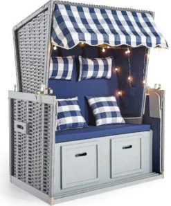 Casa Padrino Strandkorb Grau / Blau / Weiß 116 x 76 x H. 160 cm - Holz Strandkorb mit Dach und LED Beleuchtung - Garten Möbel - Pool Möbel - Outdoor Möbel