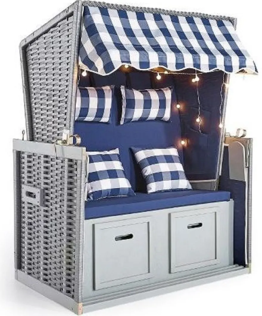 Casa Padrino Strandkorb Grau / Blau / Weiß 116 x 76 x H. 160 cm - Holz Strandkorb mit Dach und LED Beleuchtung - Garten Möbel - Pool Möbel - Outdoor Möbel