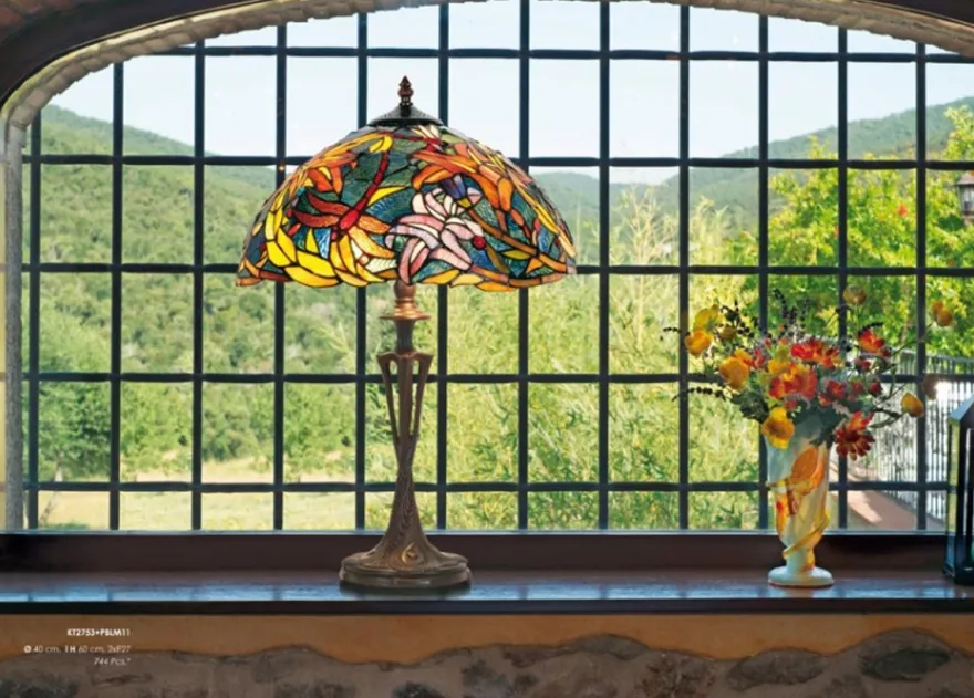 Casa Padrino Tiffany Hockerleuchte im Jugendstil, Lampe mit Glasmosaik, bunt, Höhe 60 cm, Durchmesser 40 cm