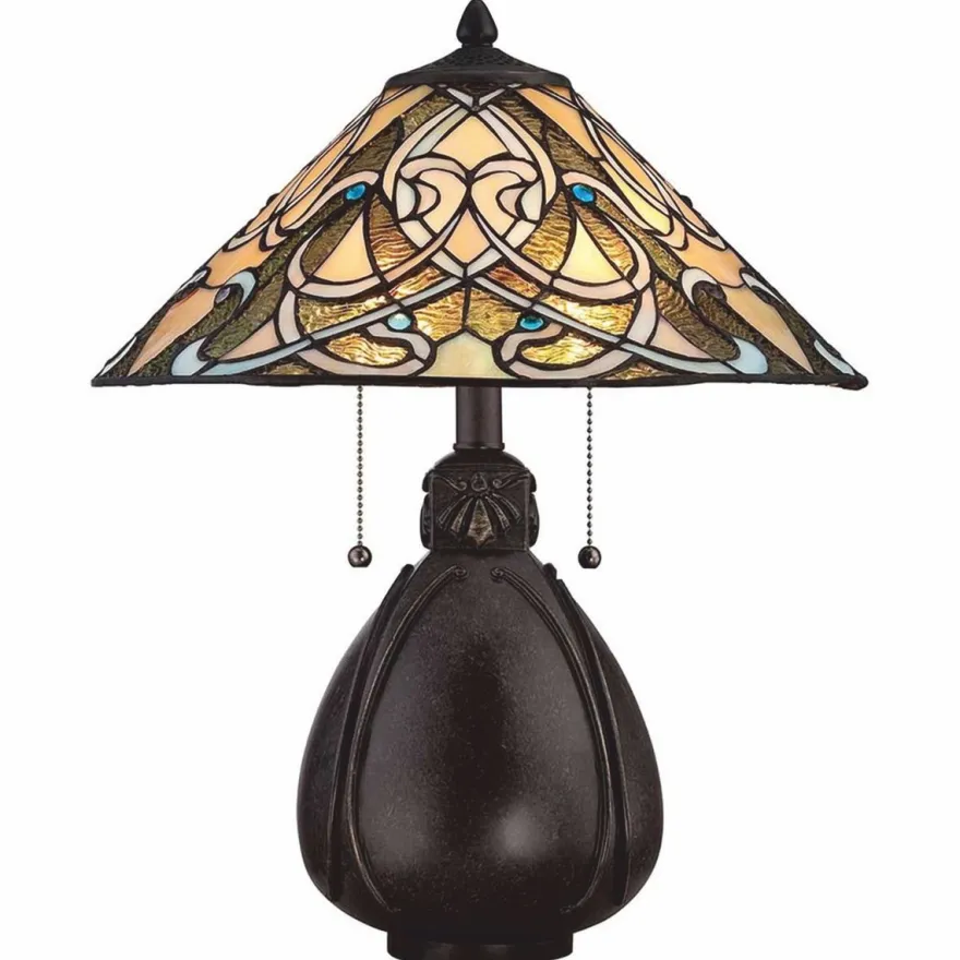 Casa Padrino Tiffany Tischleuchte Bunt / Bronze H. 49,5 cm - Tiffany Leuchten
