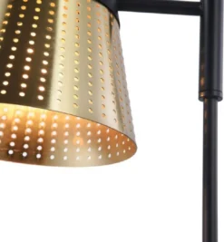 Casa Padrino Tischleuchte Antik Gold / Schwarz 17,5 x 26 x H. 55,5 cm - Moderne Tischlampe mit Lampenschirm aus perforiertem Metall