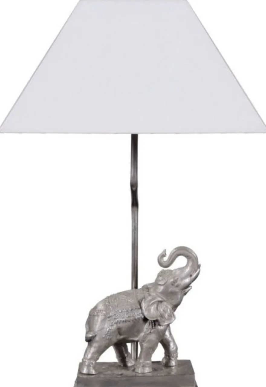 Casa Padrino Tischleuchte Bronze Elefant Versilbert 35 x 29 x H. 50 cm - Luxus Tischlampe mit weißem Lampenschirm