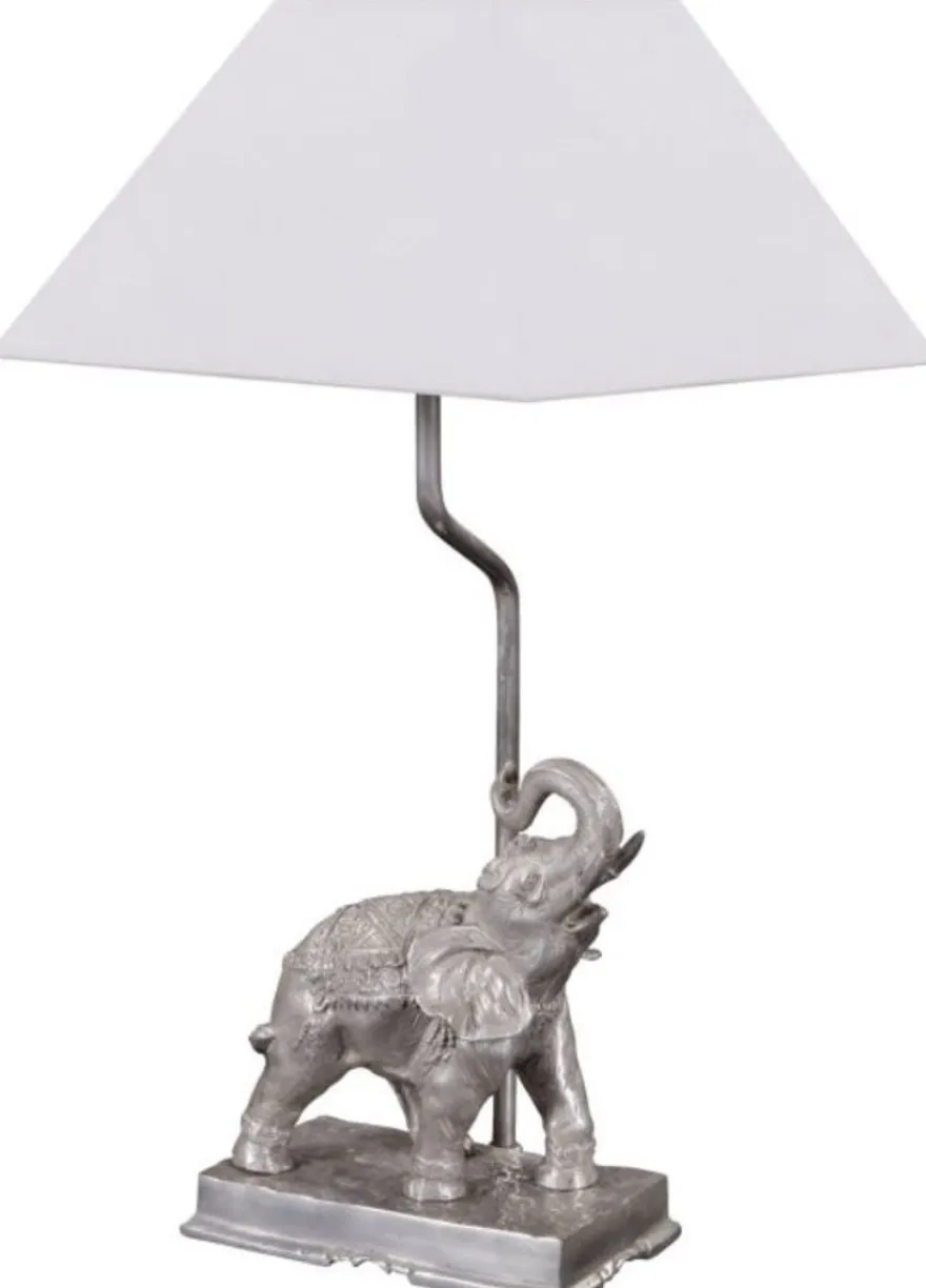 Casa Padrino Tischleuchte Bronze Elefant Versilbert 35 x 29 x H. 50 cm - Luxus Tischlampe mit weißem Lampenschirm