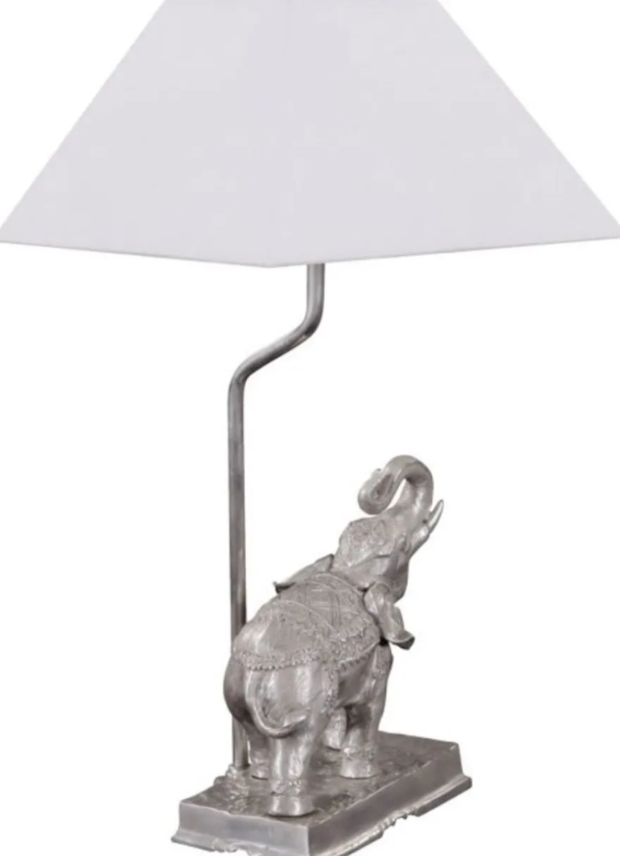 Casa Padrino Tischleuchte Bronze Elefant Versilbert 35 x 29 x H. 50 cm - Luxus Tischlampe mit weißem Lampenschirm