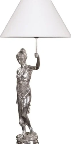 Casa Padrino Tischleuchte mit Bronzefigur Justitia Silber / Weiß 55 x 48 x H. 105 cm - Hotel & Restaurant Tischlampe