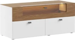 Casa Padrino TV Schrank Braun / Weiß 125 x 48 x H. 55 cm - Beleuchteter Massivholz Fernsehschrank mit Schubladen - Moderne Wohnzimmer Möbel