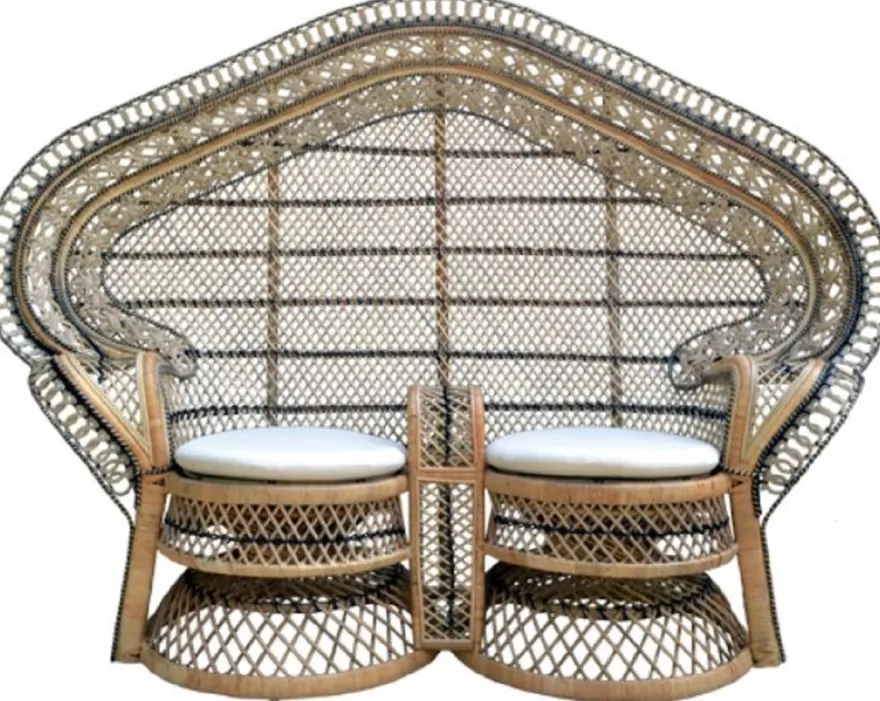 Casa Padrino Vintage Rattan Gartensofa Naturfarben / Blau / Weiß 200 cm