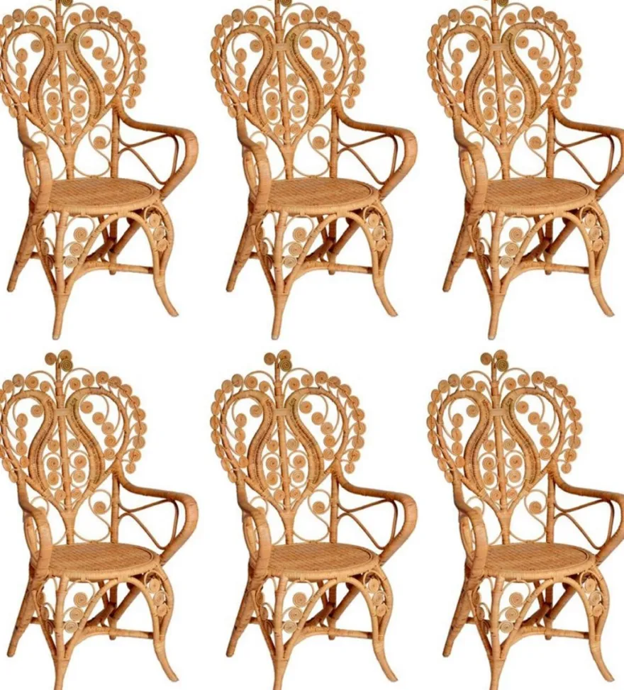 Casa Padrino Vintage Stil Hotel Garten Rattan Esszimmer Stuhl 6er Set mit Armlehnen Naturfarben H. 95 cm