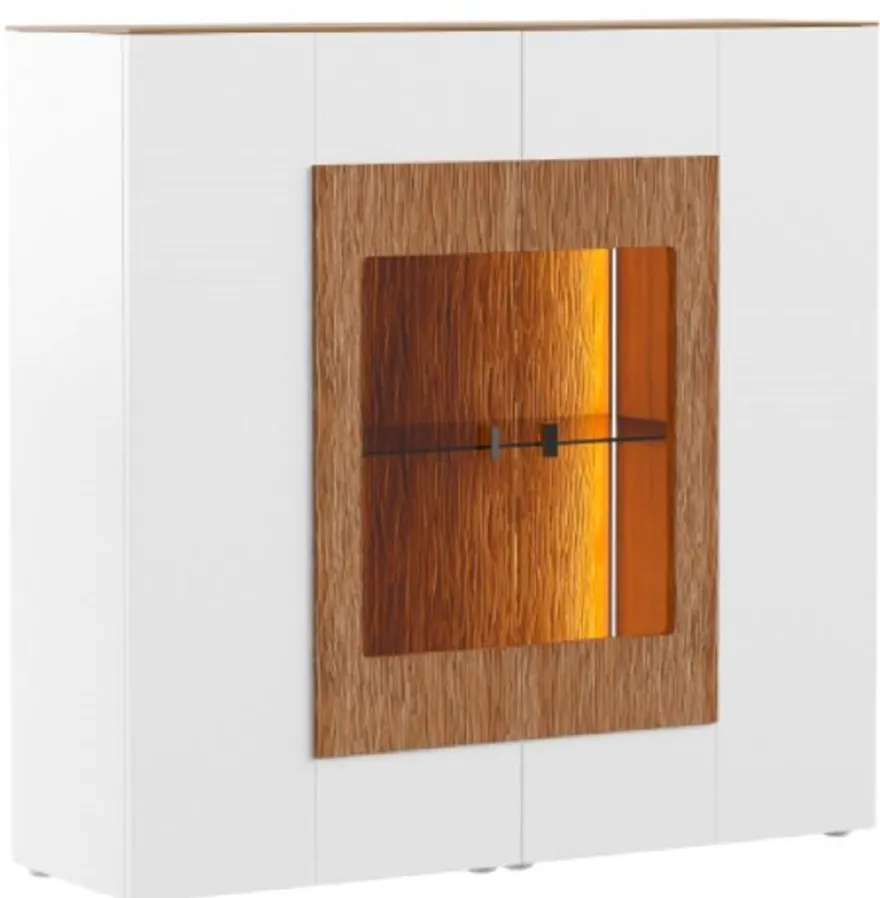 Casa Padrino Vitrinenschrank Weiß / Braun 111 x 40 x H. 138 cm - Moderne Beleutete Massivholz Vitrine - Wohnzimmer Schrank - Barschrank - Wohnzimmer Möbel
