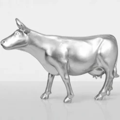 Casa Padrino XXL Deko Kuh Skulptur Silber 225 cm - Lebensgroße Garten Figur