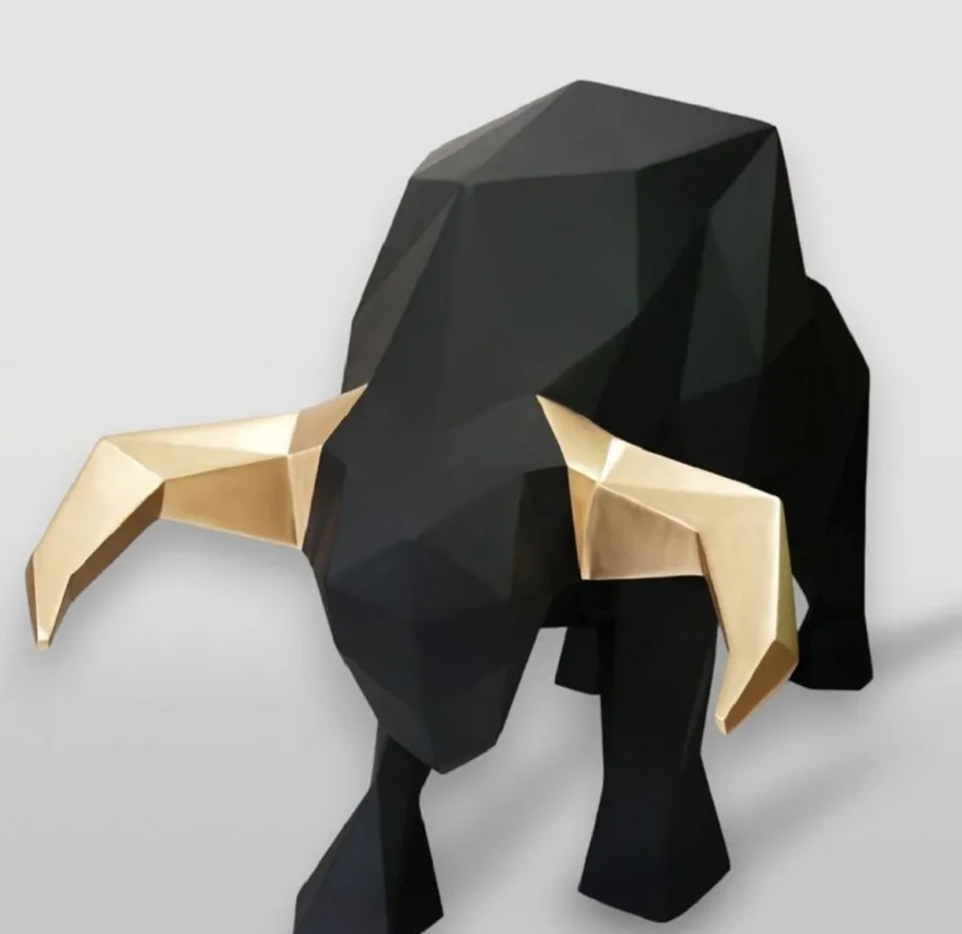 Casa Padrino XXL Deko Skulptur Stier Schwarz / Gold 220 cm - Lebensgroße Abstrakte Garten Deko Figur