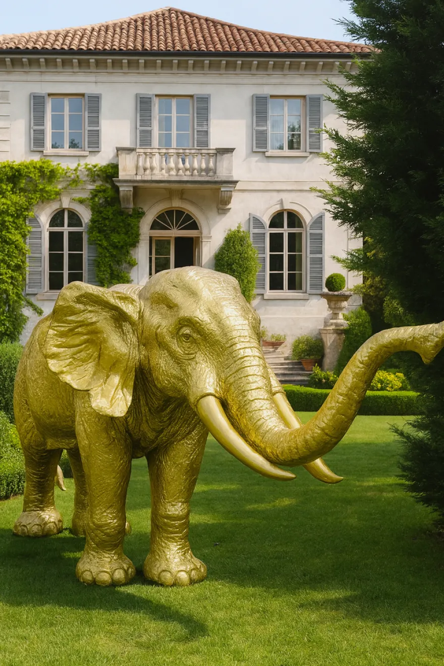 Casa Padrino XXL Deko Skulptur Elefant Gold 410 cm - Riesige Garten Deko Figur