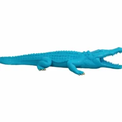 Casa Padrino XXL Deko Skulptur Krokodil Blau / Gold 320 cm - Lebensgroße Gartenfigur