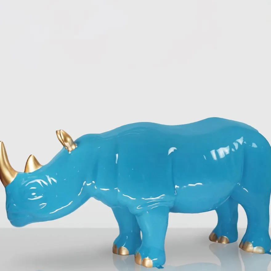 Casa Padrino XXL Deko Skulptur Nashorn Hellblau / Gold 175 cm - Riesige Garten Deko Figur