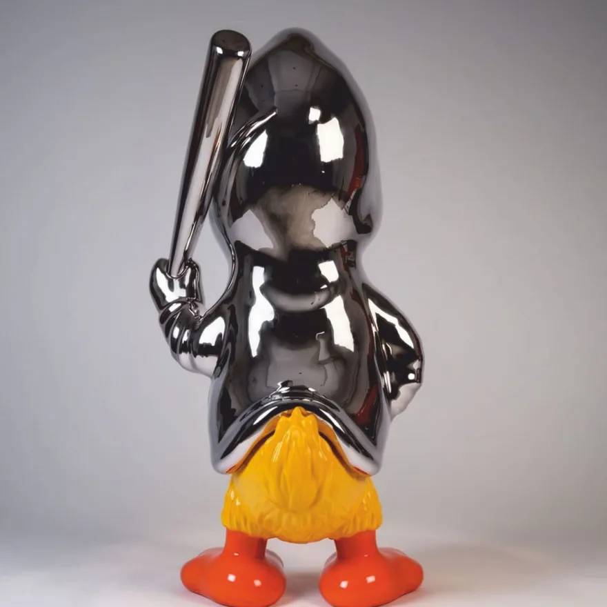 Casa Padrino XXL Deko Skulptur Ente Silber / Gelb / Orange H. 165 cm - Deko Figur