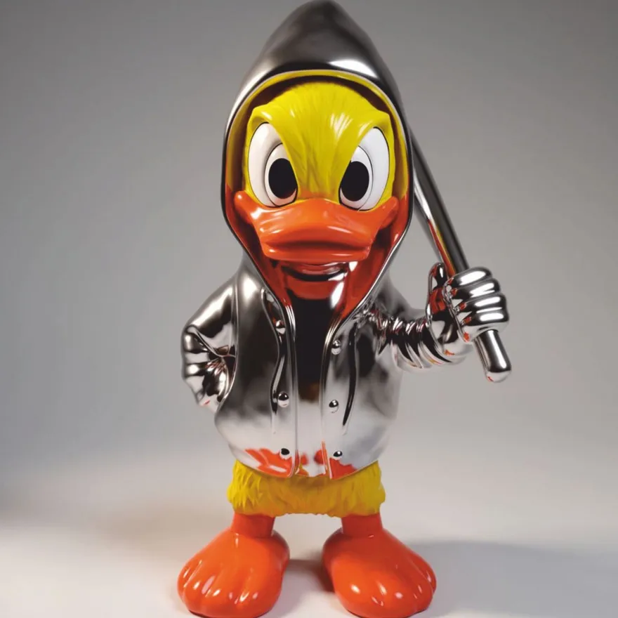 Casa Padrino XXL Deko Skulptur Ente Silber / Gelb / Orange H. 165 cm - Deko Figur