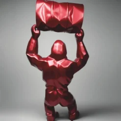 Casa Padrino XXL Garten Deko Skulptur Gorilla mit Fass Metallic Rot H. 250 cm - Große Garten Figur - XXL Tierfigur