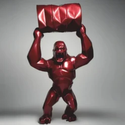 Casa Padrino XXL Garten Deko Skulptur Gorilla mit Fass Metallic Rot H. 250 cm - Große Garten Figur - XXL Tierfigur