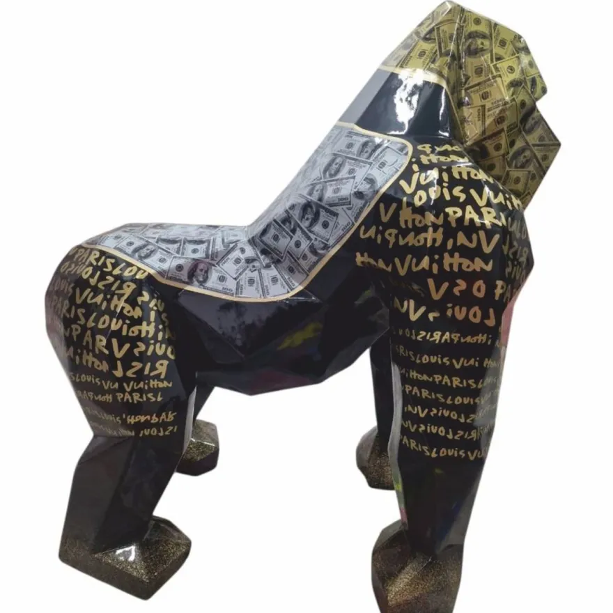 Casa Padrino XXL Garten Deko Skulptur Gorilla Affe Schwarz / Gold H. 128 cm