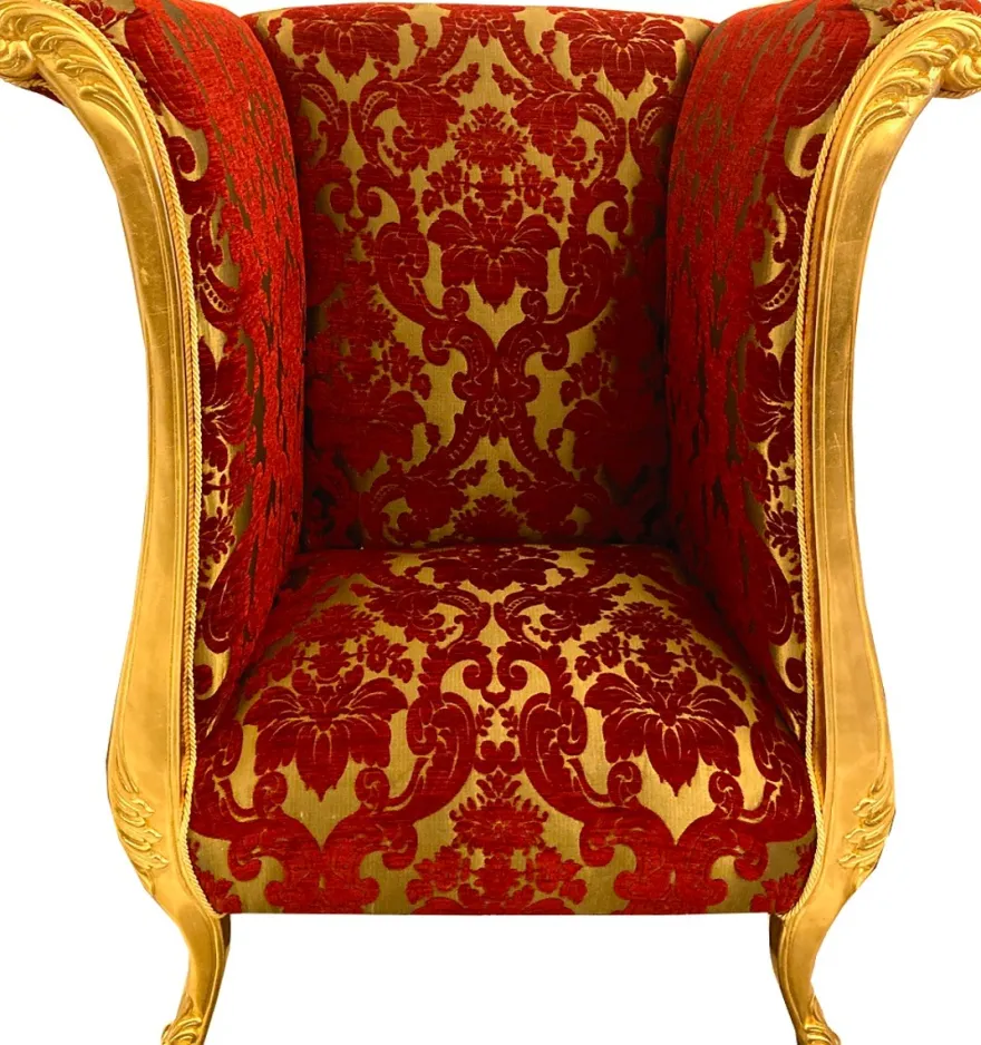 Extravaganter Pompöös by Casa Padrino Luxus Designer Sessel von Harald Glööckler Bordeauxrot Bouquet Muster / Gold - Pompööser Barock Sessel
