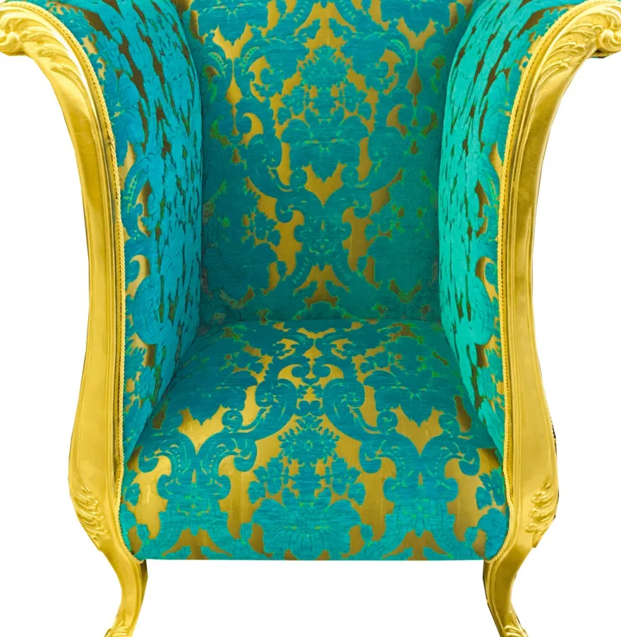 Extravaganter Pompöös by Casa Padrino Luxus Designer Sessel von Harald Glööckler Türkis Bouquet Muster / Gold - Pompööser Barock Sessel