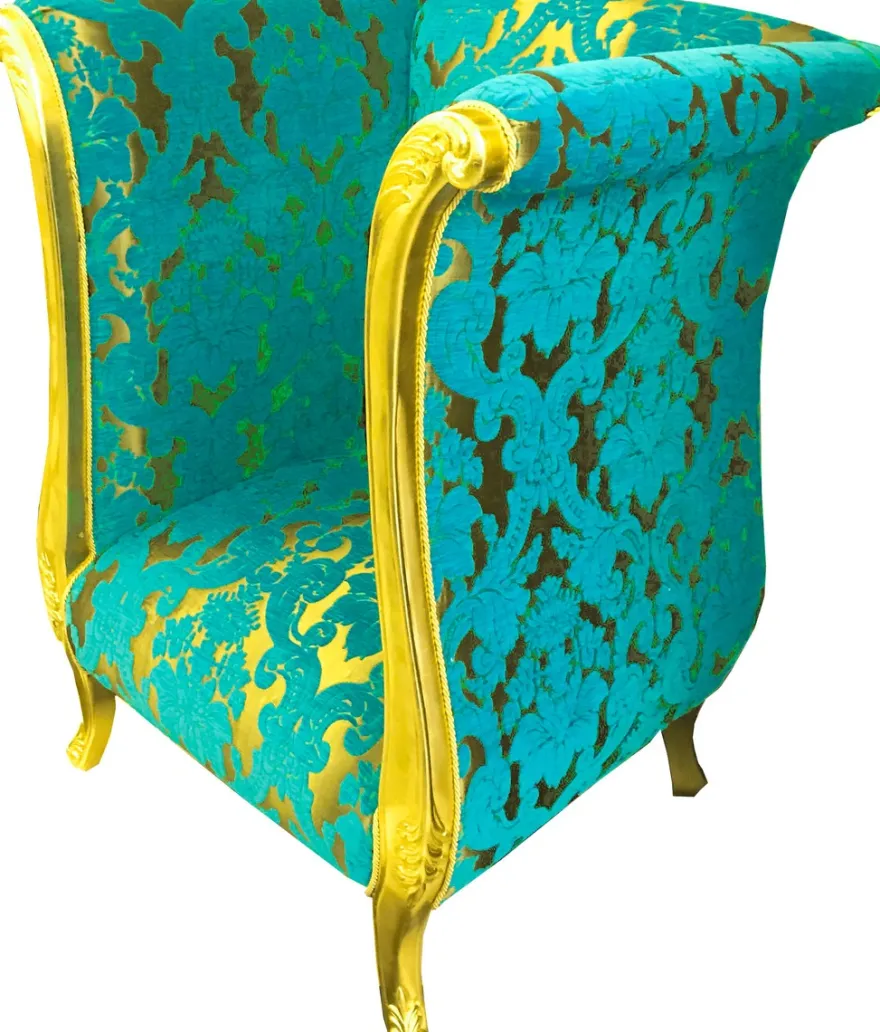 Extravaganter Pompöös by Casa Padrino Luxus Designer Sessel von Harald Glööckler Türkis Bouquet Muster / Gold - Pompööser Barock Sessel
