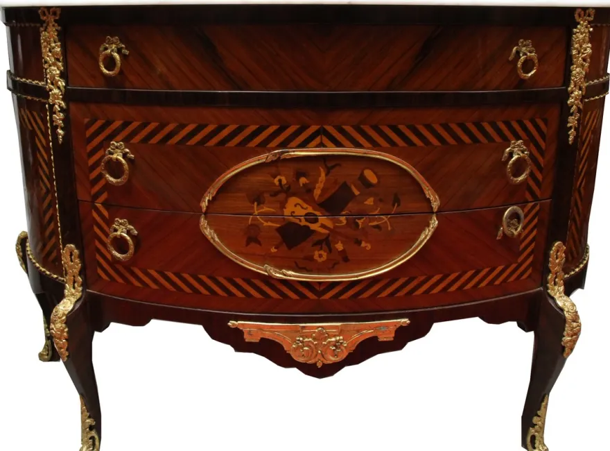 Französische Antik Stil Kommode Intarsien Braun mit weißer Marmorplatte - Barock Möbel