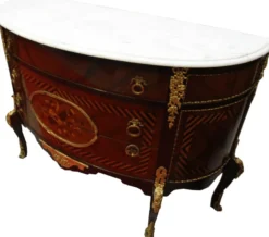 Französische Antik Stil Kommode Intarsien Braun mit weißer Marmorplatte - Barock Möbel
