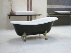 Freistehende Luxus Badewanne Jugendstil Roma Schwarz/Weiß/Altgold 1470mm - Barock Antik Badezimmer
