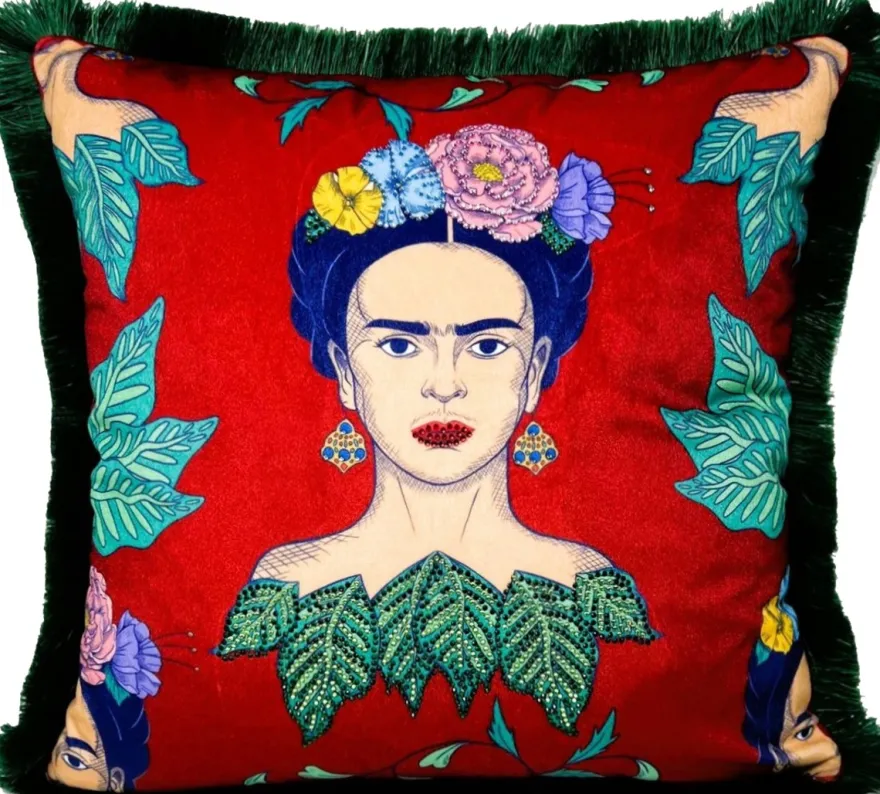Frida Kahlo by Casa Padrino Luxus Deko Kissen mit Strass Steinen Rot / Bunt