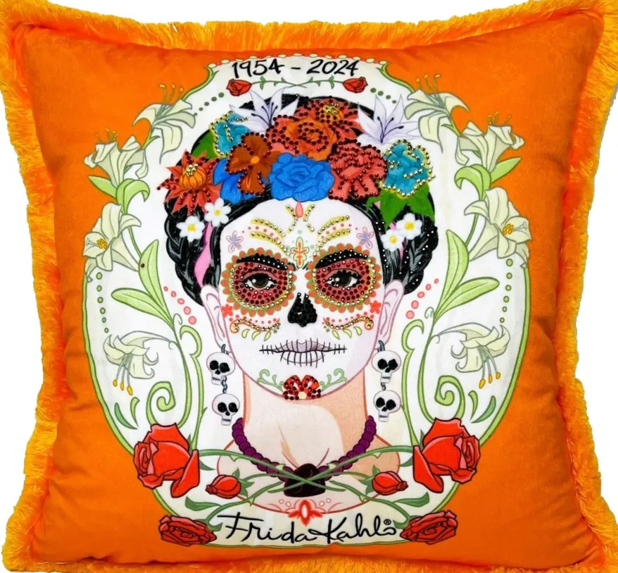 Frida Kahlo by Casa Padrino Luxus Deko Kissen mit Strass Steinen Orange / Bunt