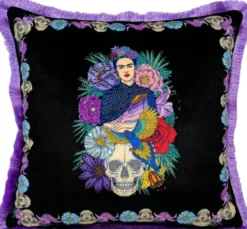 Frida Kahlo by Casa Padrino Luxus Deko Kissen mit Strass Steinen Bunt / Schwarz / Lila
