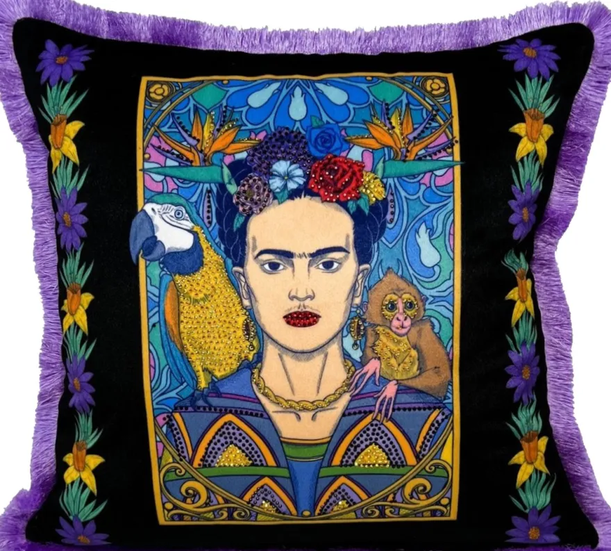 Frida Kahlo by Casa Padrino Luxus Deko Kissen mit Strass Steinen Schwarz / Bunt / Lila