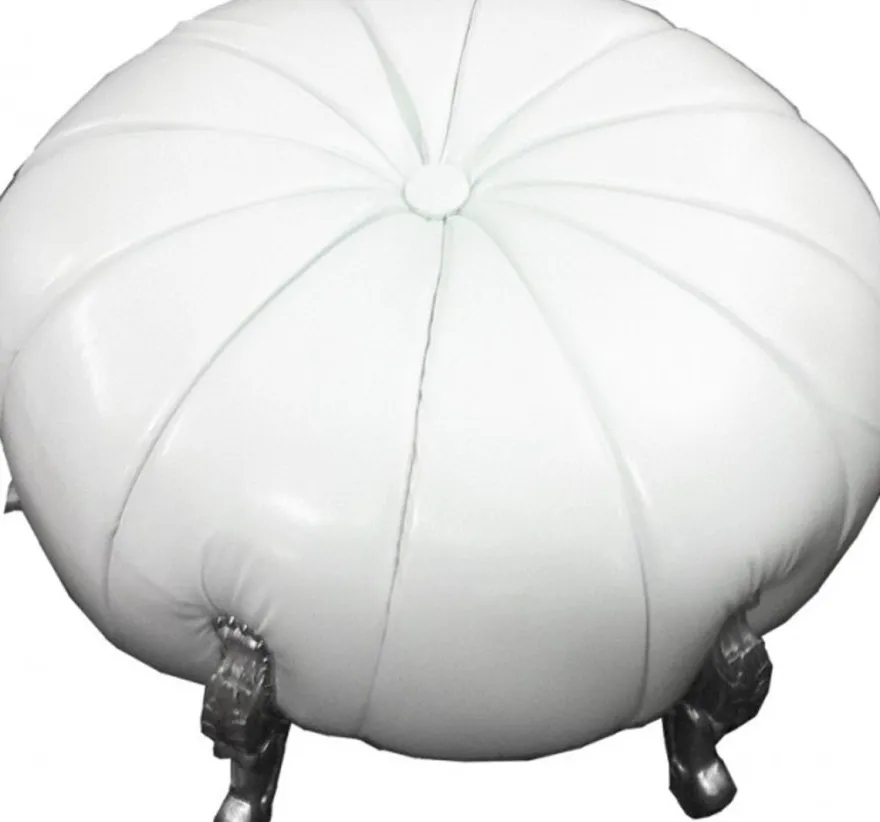 Großer Barock Rundhocker Ball Hocker Weiß Lederoptik / Silber