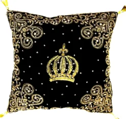 Harald Glööckler Luxus Barock Deko Kissen Pompöös by Casa Padrino Schwarz / Gold Krone aufwendig verziert mit Pailletten und Glitzersteinen