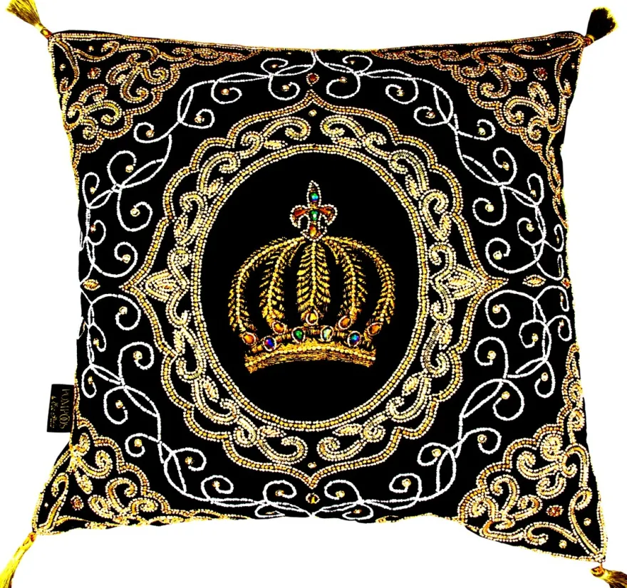 Harald Glööckler Luxus Barock Deko Kissen Pompöös by Casa Padrino Krone Schwarz / Gold aufwendig verziert mit Pailletten und Glitzersteinen